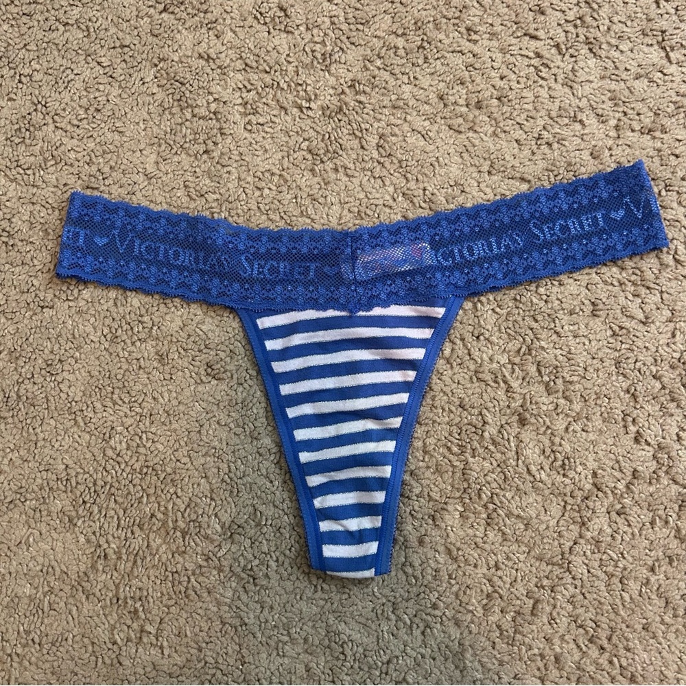 Victoria's Secret Blue Stripe Lace-Trim Thong Blue Lilac Medium